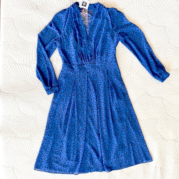 Anne Klein Blue & Black Polka Dot Sheer Chiffon Fit & Flare Midi Dress Size 8 - Picture 1 of 12